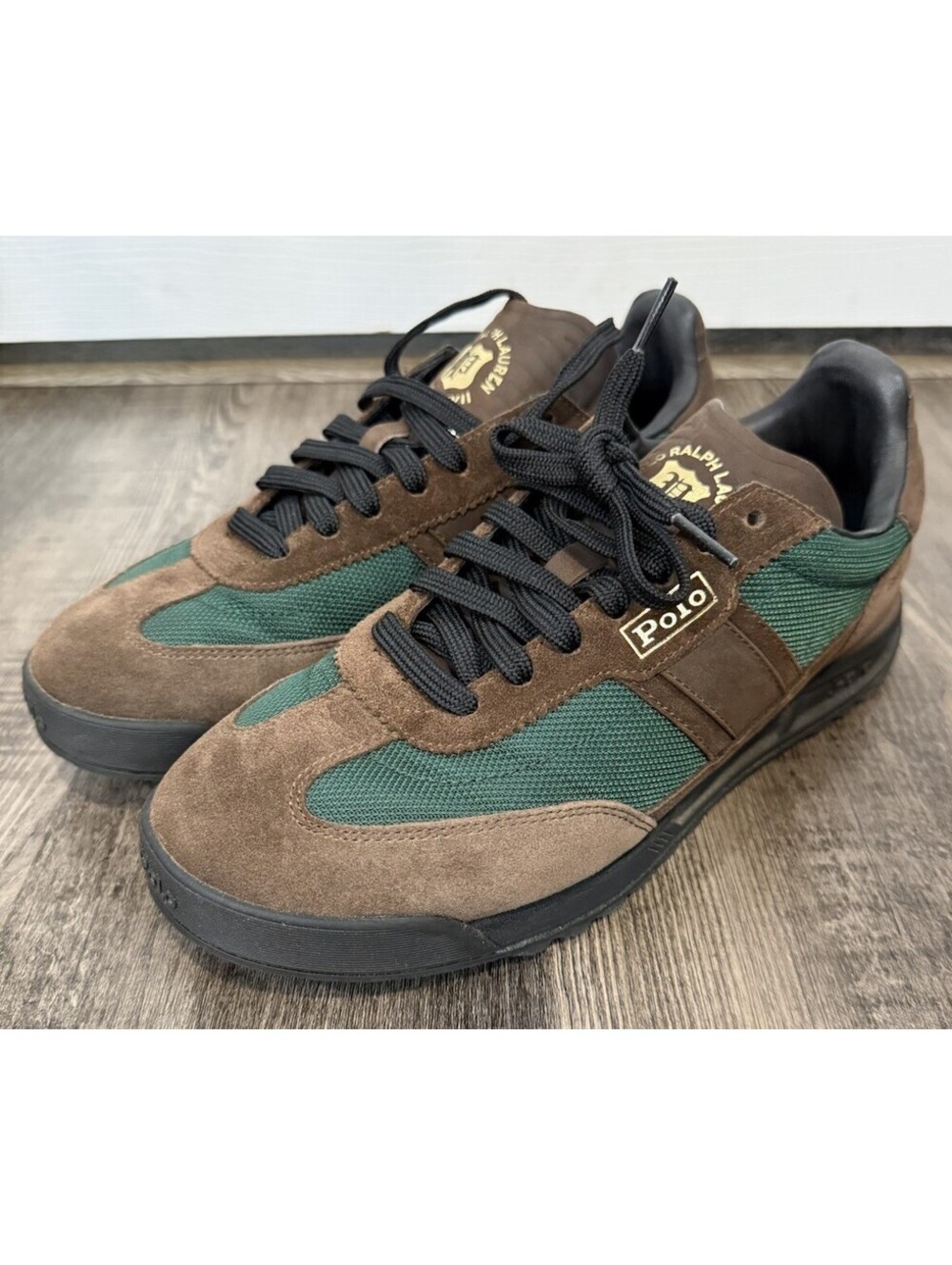 Polo Ralph Lauren Varick Suede-Paneled Sneaker Chocolate Brown Forrest Green 7.5